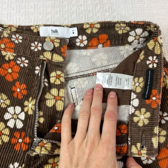 Twik Floral Corduroy Cropped Pants - Brown, Orange, White - Picture 2 of 15